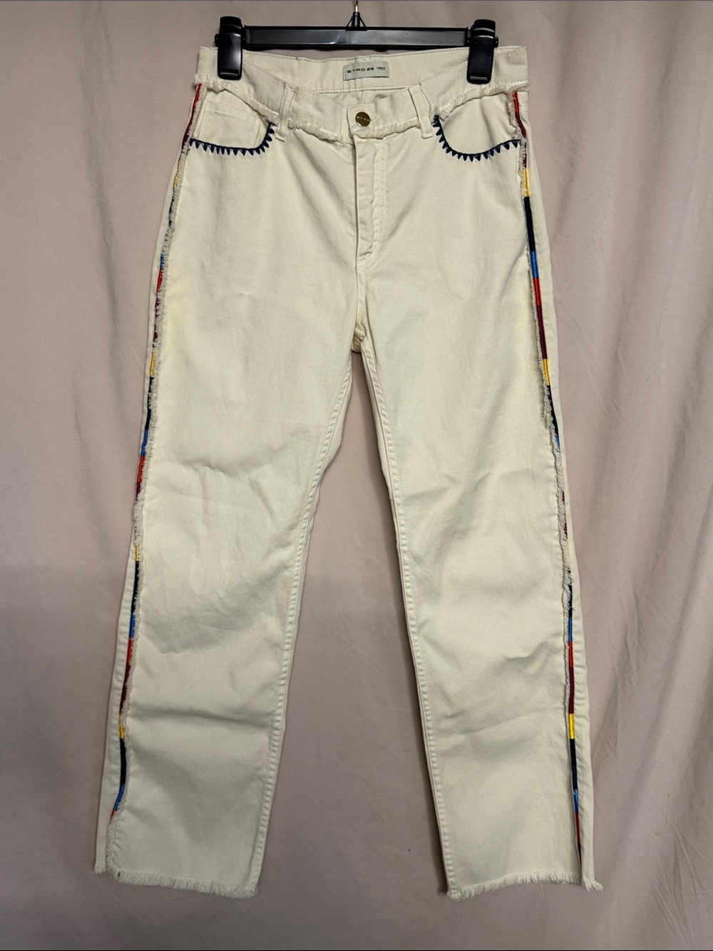 Etro Embroidered-Trim Straight-Leg Jeans, Size 29, Color Off White/Navy/ Multi